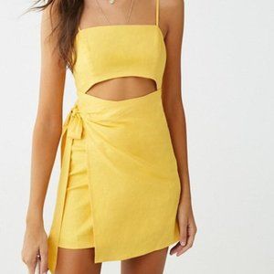 yellow wrap cutout linen mini dress
